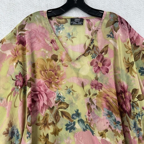 Azura Kimono Blouse Womens One Size Green Pink Floral Pullover Chiffon Cover Up - Picture 3 of 9